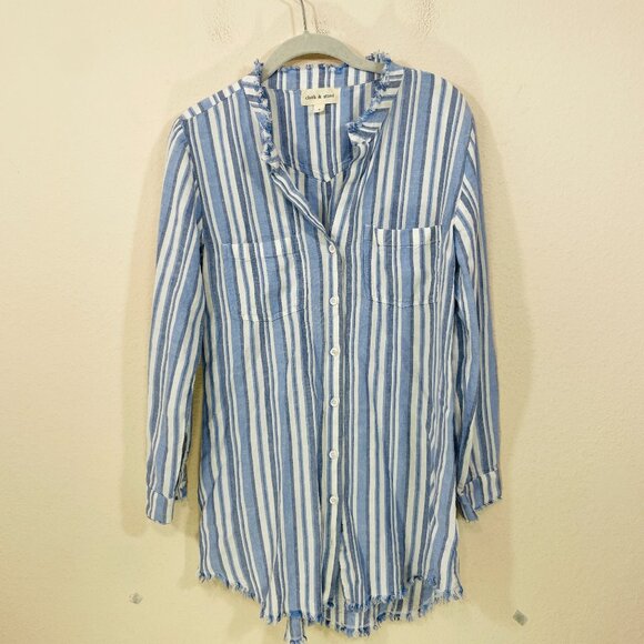 Cloth & Stone Womens SMALL Striped Tunic Top Blue Linen Button Down Blue Relaxed - Picture 1 of 7